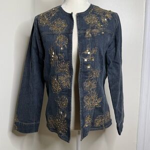 Chico’s Embroidered Sequin Open Front Jean Jacket Size 1 Chico (Med 8) Floral